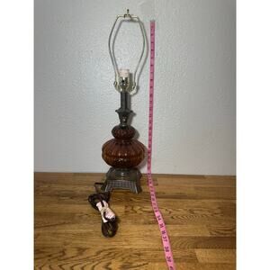 Vtg Amber Glass Table Lamp, Pull String, Globe/Dome Style, Footed Base. 24”x 6”